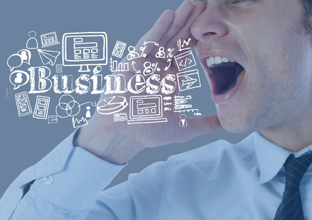 Digital composite of Businessman shouting with Business graphics drawingsの写真素材