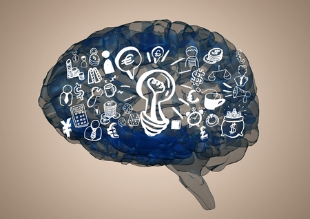 Digital composite of Blue brain with white business doodles against cream backgroundの写真素材