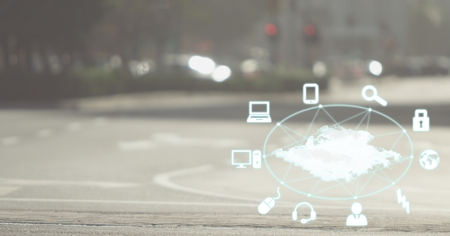 Digital composite of White network against blurry roadの写真素材