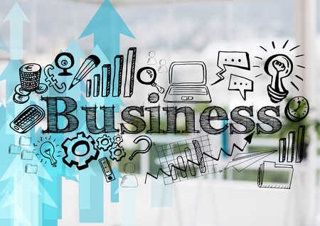 Digital composite of Black business doodles against blue arrows and blurry officeの写真素材