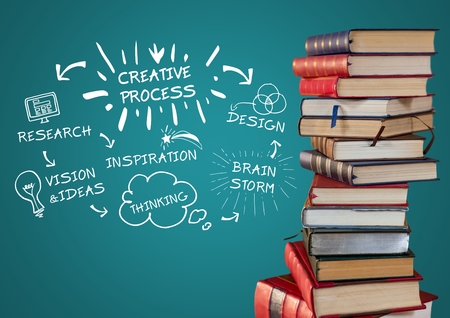 Digital composite of Pile of books with white design doodles against teal backgroundの写真素材