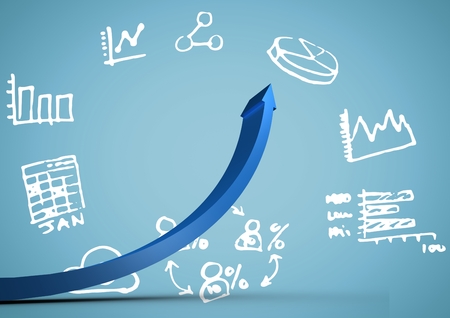 Digital composite of Blue arrow against white business doodles and blue backgroundの写真素材