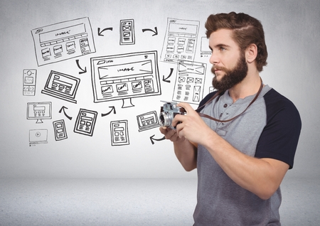 Digital composite of Man with camera and  image screens graphic drawingsの写真素材