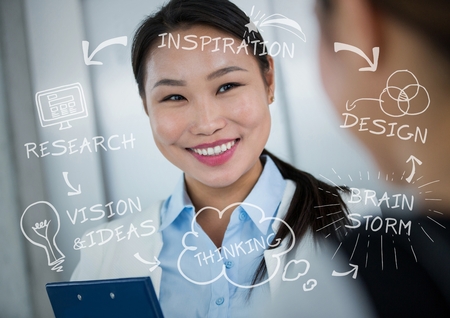 Digital composite of Doctor smiling with white business doodlesの写真素材