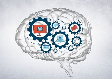Digital composite of Transparent brain with blue gear graphics against white wallの写真素材