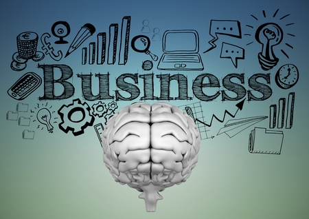Digital composite of Grey brain with black business doodles against blue green backgroundの写真素材