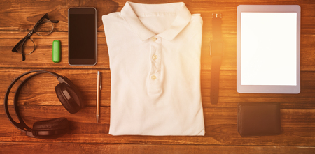 Differents objects using every days on wooden tableの写真素材