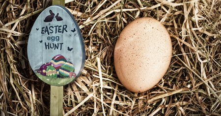 Easter egg hunt sign against egg nestled in strawの写真素材