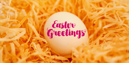 Easter greeting against white easter egg in nestの写真素材