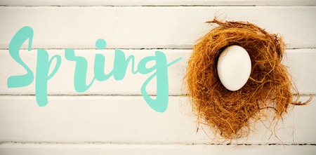 Easter greeting against white egg in nest on wooden table