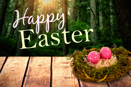 Easter greeting against tall trees in forestの写真素材