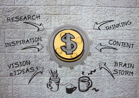 Digital composite of 3D cog about money with graphic and wall backgroundの写真素材