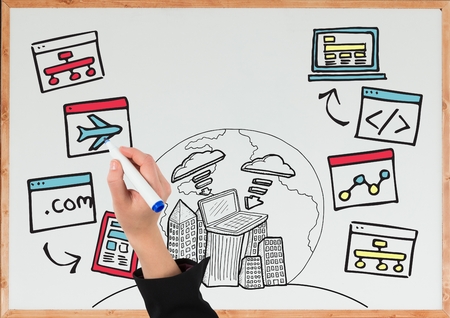 Digital composite of hand drawing web graphic and earth on a blackboardの写真素材