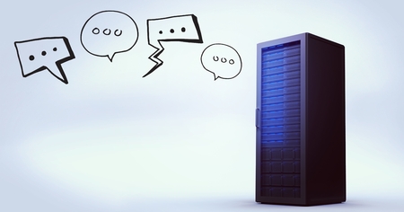 Digital composite of Blue server and black speech bubbles against white background