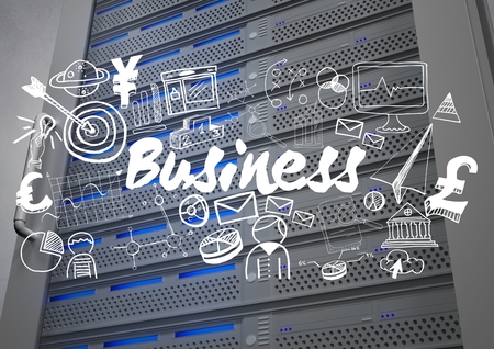 Digital composite of Close up of server with white business doodles against white wall