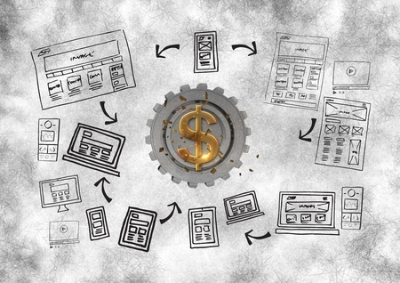 Digital composite of 3D cog about money with graphic about webs