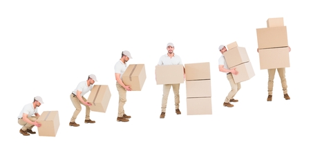 Digital composite of courier men catching a box