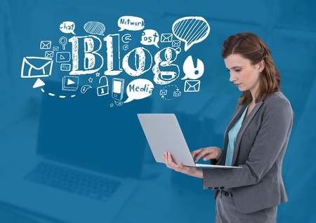 Digital composite of Woman on laptop with Blog text with drawings graphicsの写真素材