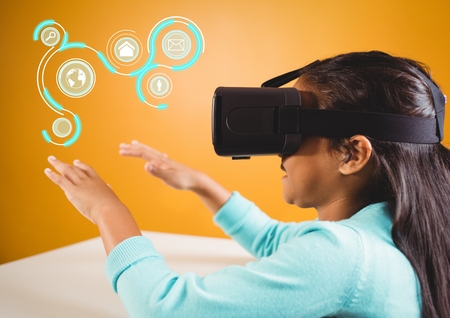 Digital composite of Girl wearing VR Virtual Reality Headset with Interface