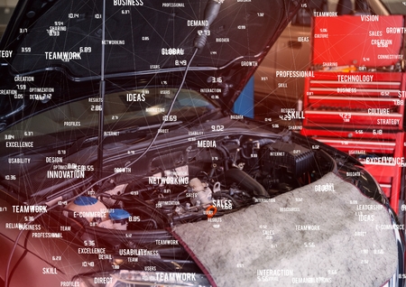 Digital composite of Car with open hood with white network and red overlayの写真素材