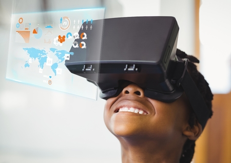Digital composite of Boy wearing VR Virtual Reality Headset with Interface