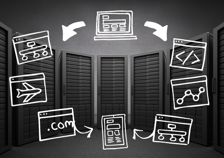 Digital composite of Black servers with white technology doodles against grey wall