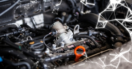 Digital composite of Car engine with white network