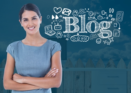 Digital composite of Woman with Blog text with drawings graphicsの写真素材