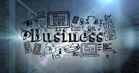 Digital composite of Servers and binary code with black business doodles and flaresの写真素材