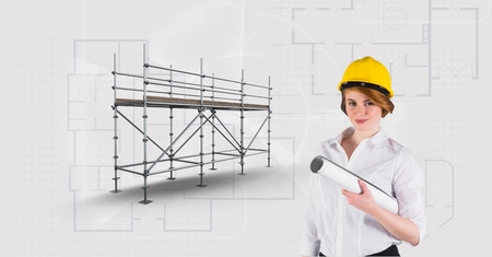 Digital composite of Architect woman besaide 3D scaffolding with blueprint backgroundの写真素材
