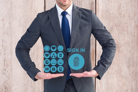Digital composite of Digital composite image of businessman presenting medical iconsの写真素材