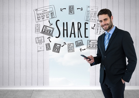Digital composite of Businessman with phone and Share text with drawings graphicsの写真素材