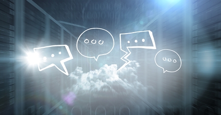 Digital composite of Servers and binary code with white speech bubbles and flares