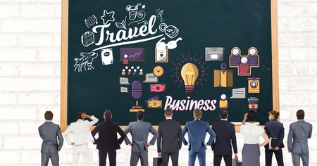 Digital composite of Digital composite image of business people looking at travel icon on chalkboardの写真素材