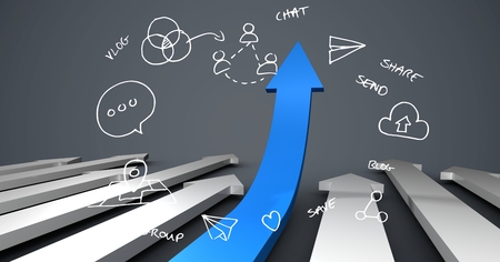 Digital composite of Various icons and arrow sign symbolizing growth