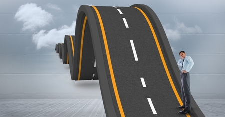 Digital composite of Digital composite image of businessman standing on wavy roadの写真素材