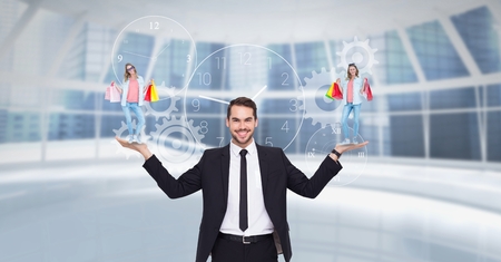 Digital composite of Digital composite image of businessman carrying woman with shopping bagsの写真素材