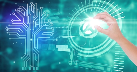 Digital composite of Close-up of hand over futuristic background