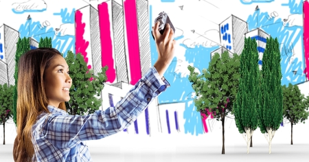 Digital composite of Woman taking selfie over hand drawn cityの写真素材
