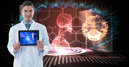 Digital composite of Digitally generated image of male doctor showing digital tablet against human skeleton in backgroundの写真素材
