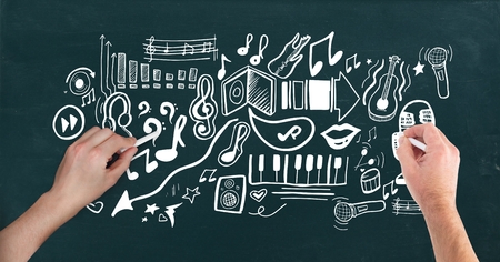 Digital composite of Hands drawing musical icons on board