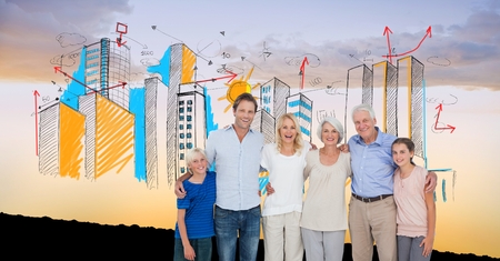Digital composite of Digital composite image of happy family with buildings against sky