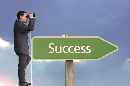 Digital composite of Side view of businessman using binoculars while standing on ladder by succees text on sign board agaの写真素材