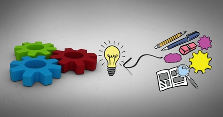 Digital composite of Digital composite image of stationery by light bulb and gearsの写真素材