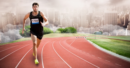 Digital composite of Digital composite image of sport runner running on tracks against cityの写真素材