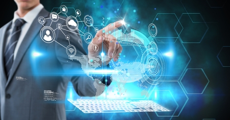 Digital composite of Digital composite image of businessman touching screenの写真素材