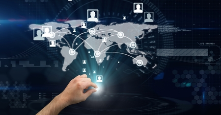 Digital composite of Digital composite image of hand touching futuristic screen with world map on it