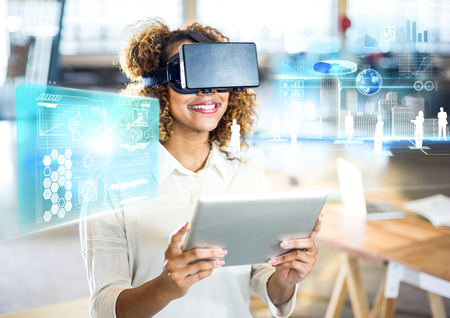 Digital composite of Woman wearing VR Virtual Reality Headset with Interface