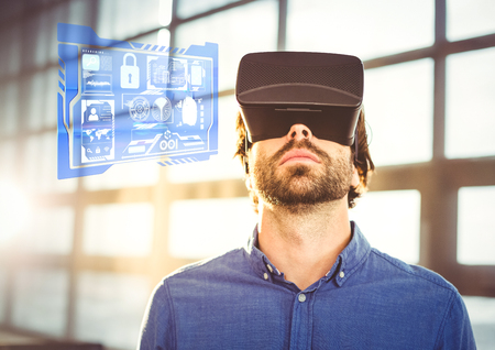 Digital composite of Man wearing VR Virtual Reality Headset with Interface