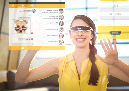 Digital composite of Woman wearing VR Virtual Reality Headset with Friends social media Interface